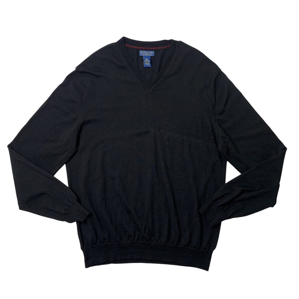 Joseph & Lyman Sweater Mens 2XL Black Merino Wool Knit V Neck Rib Cuffs Pullover